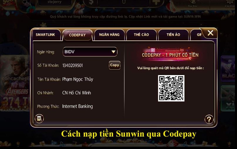Hướng dẫn nạp tiền Sunwin qua CodePay